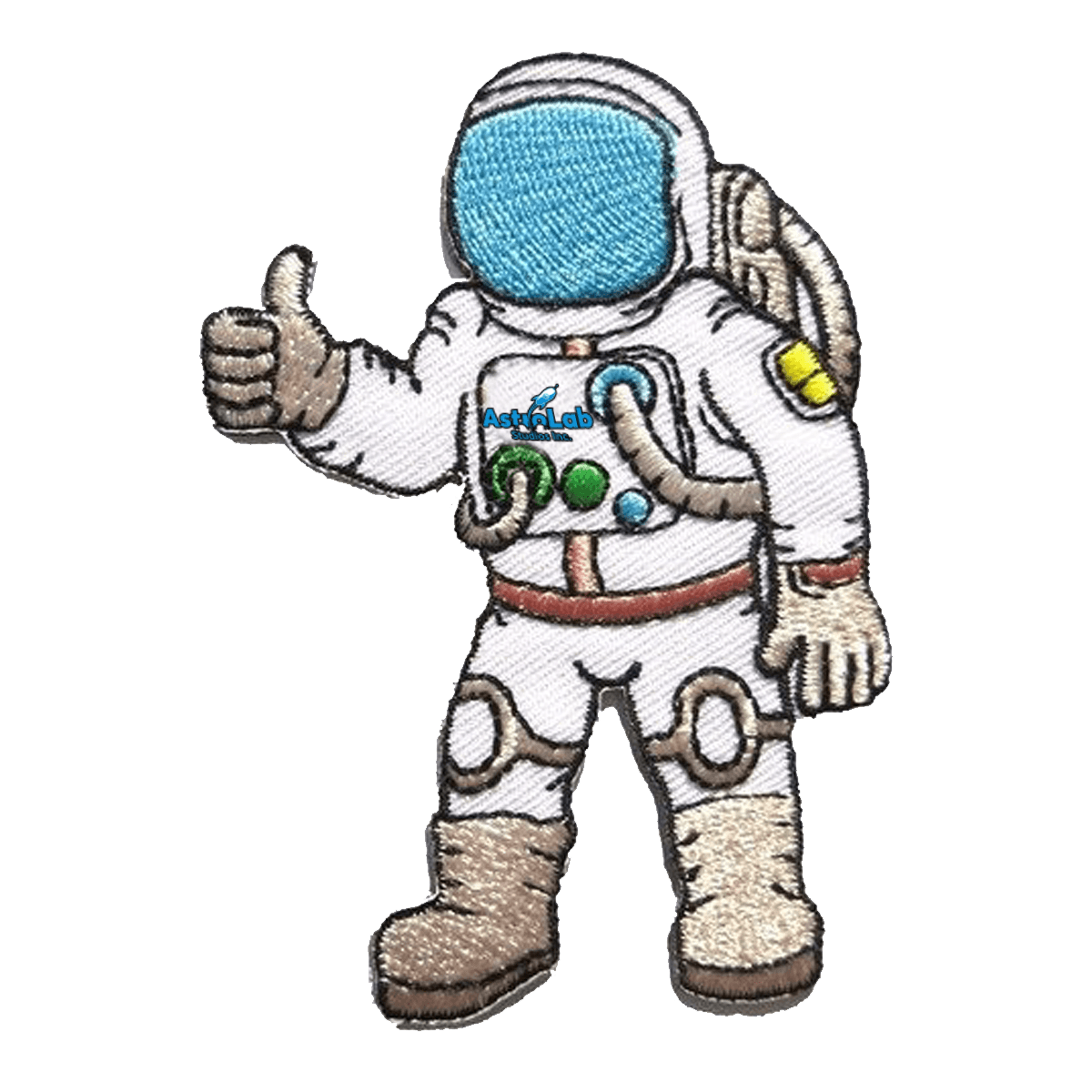 The AstroLab astronaut, an embroidered patch giving a thumbs up