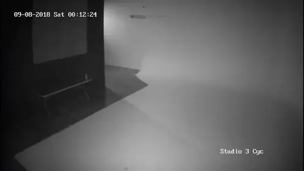 A night time security camera still of the Studio 3 cyc, date stamped 2018